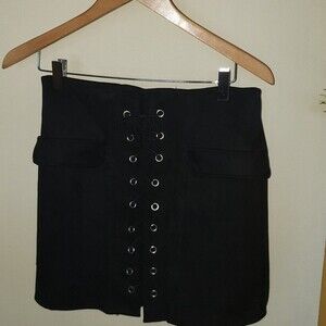 Black Lace up MiniSkirt Velvet-like Material Size M